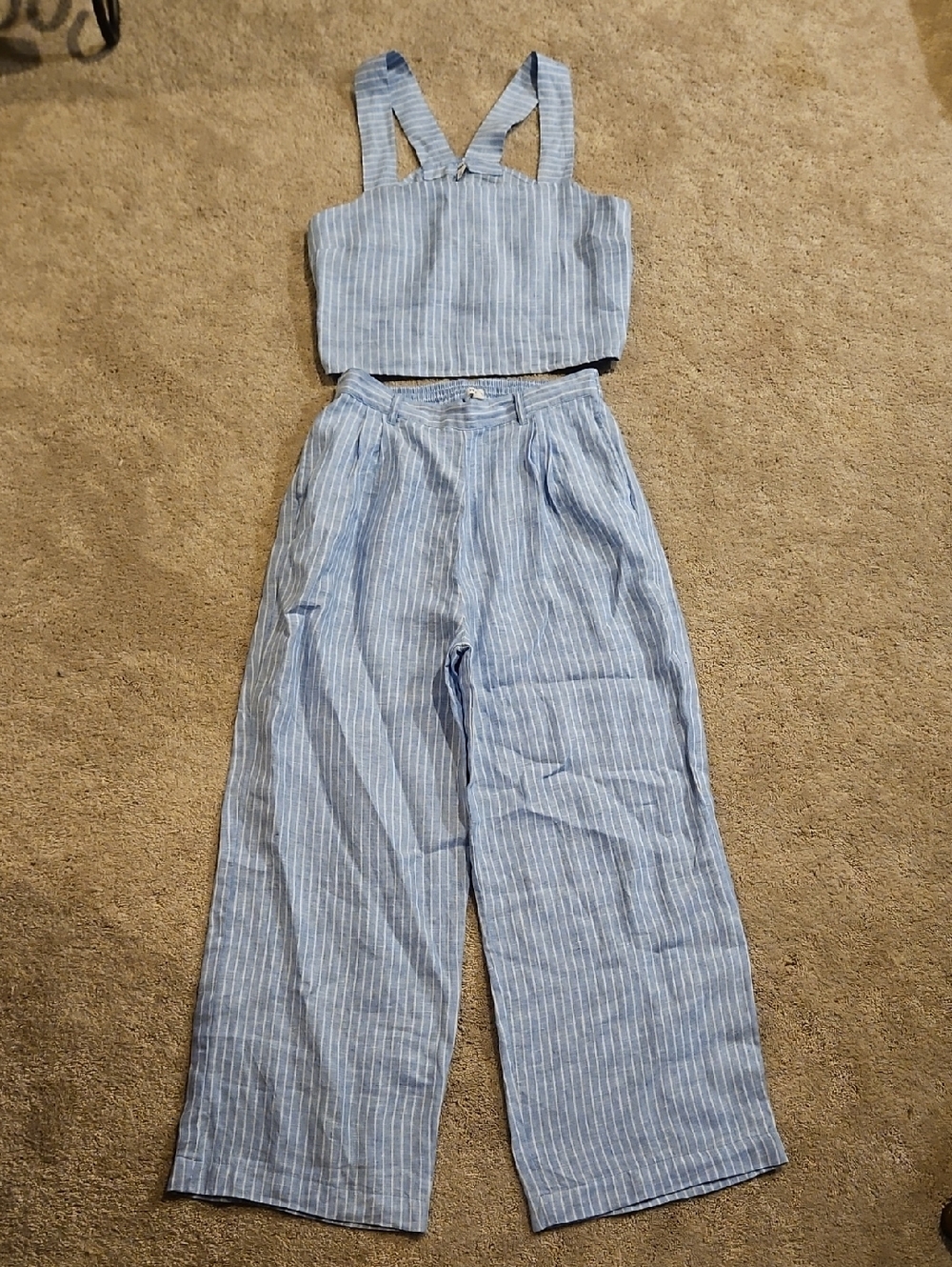 Vitamin A Light Blue & White Striped Wide-Leg Pants with Matching Crop Top